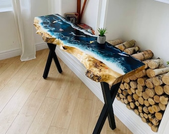 Stół z żywicy epoksydowej Ocean Custom, stolik konsolowy, szafka konsolowa do przedpokoju, wąski stół do przedpokoju, długa drewniana konsola, stolik do przedpokoju