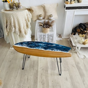 Unique Resin Surfboard Epoxy Tables, Ocean Wall Art, Accent Wood Surfboard Furniture, Epoxy Resin Surfboard Decor, Surfer Gift, Coffee Table