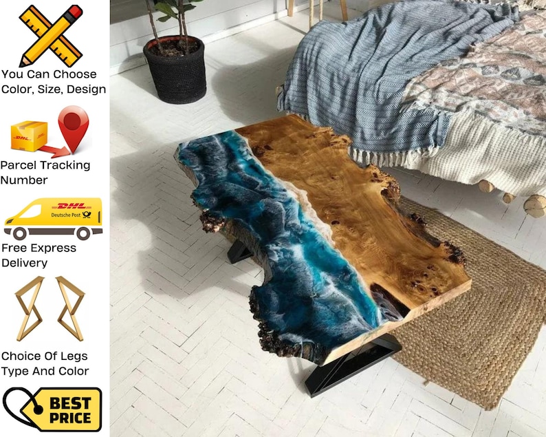 Blue Ocean Epoxy Table, Resin Live Edge Wood Slab Table, Custom Dining ...