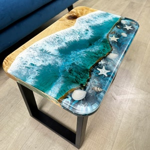 Seabed Table, Small Epoxy Resin Coffee Table, Ocean Resin Art Table, Modern Wood Sofa Table, Accent Couch Side Table, Epoxy Stars End Table