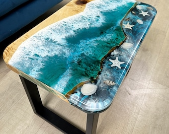 Meeresboden Tisch, kleiner Epoxidharz Couchtisch, Kunsttisch aus Ozeanharz, moderner Holz Sofatisch, Akzent Couch Beistelltisch, Epoxy Stars Beistelltisch