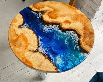Holz Couchtisch, Epoxidharz Fluss Tisch, runder Epoxy Fluss Couchtisch, einzigartiger handgefertigter Tisch, runder Couchtisch im Küstenkunstdekor