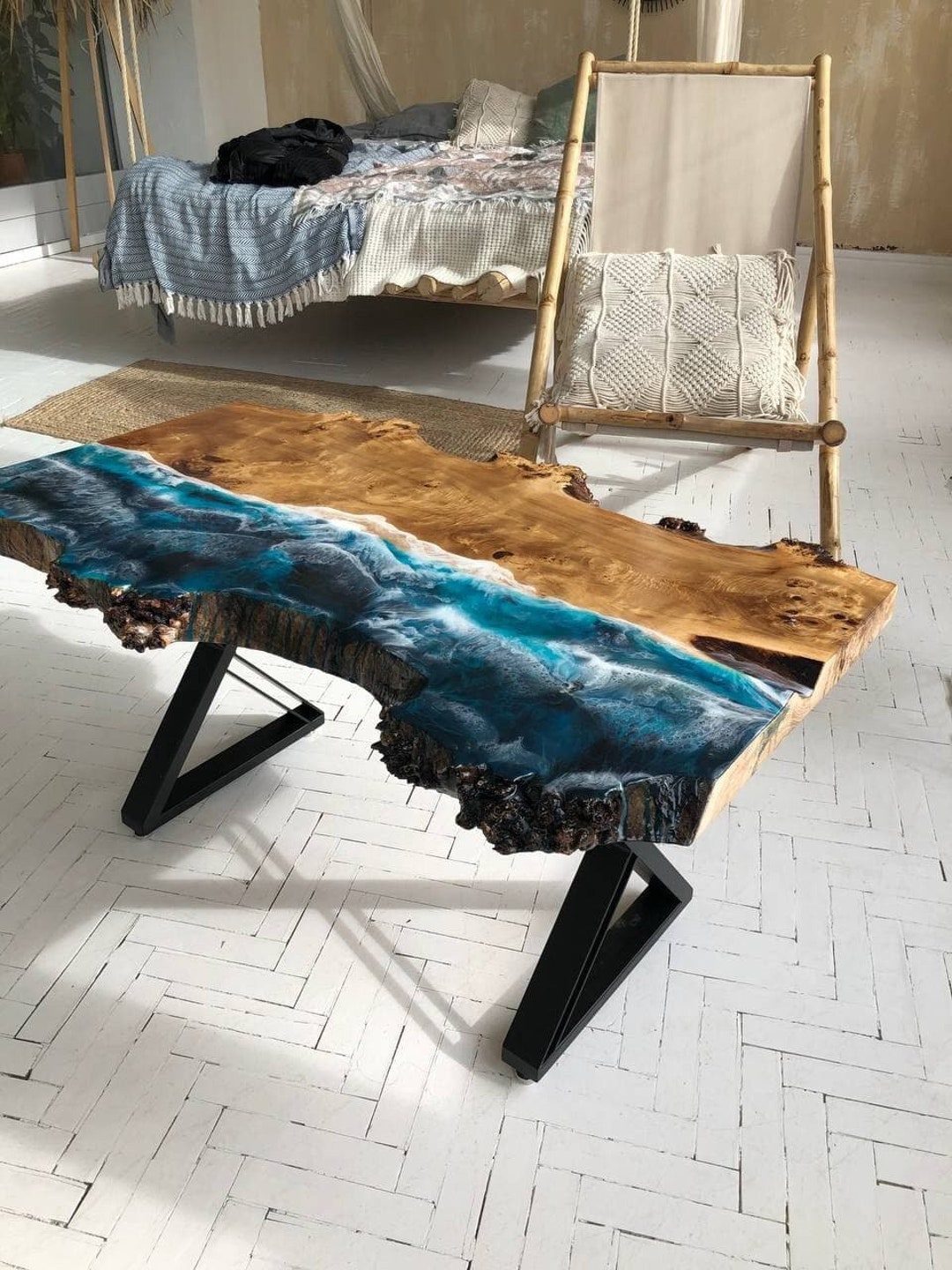 Blue Ocean Epoxy Table, Resin Live Edge Wood Slab Table, Custom Dining ...