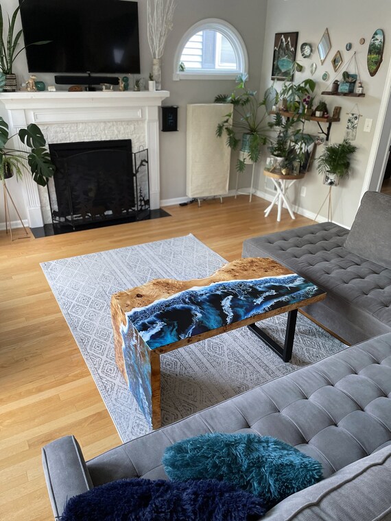Custom Art Deco Living Room Table, Resin Coffeee Table, Ocean Resin Art Epoxy Table, Live Edge Wood Slab Table, Accent Waterfall Sofa Table