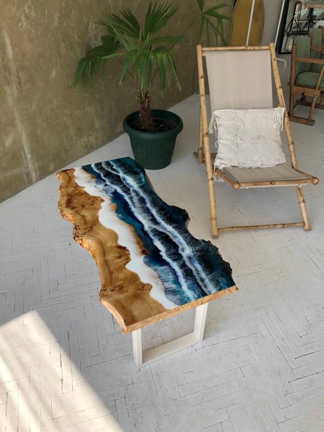 Custom Beach House Coffee Table With Epoxy Resin Ocean Waves Design ...