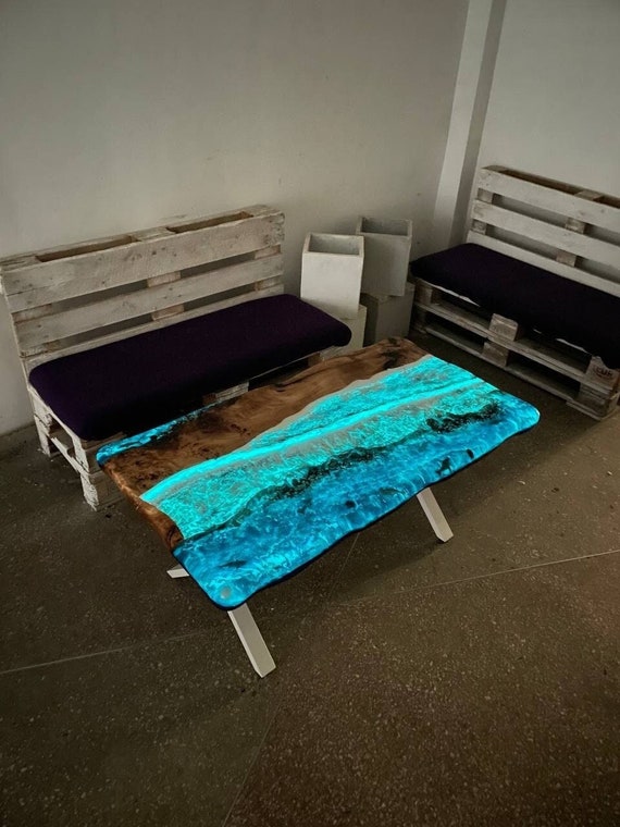 Fluorescent Epoxy Table, Wooden Center Tables, Luxury Accent Sofa Table,  Modern Couch Table,  Ocean Resin Art Furniture, Anniversary Gift