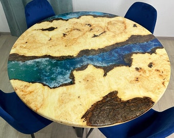 Handmade Round Coffee Table with Epoxy Resin River, Artistic Coastal Decor, Unique Living Room Furniture, Art Lover Gift