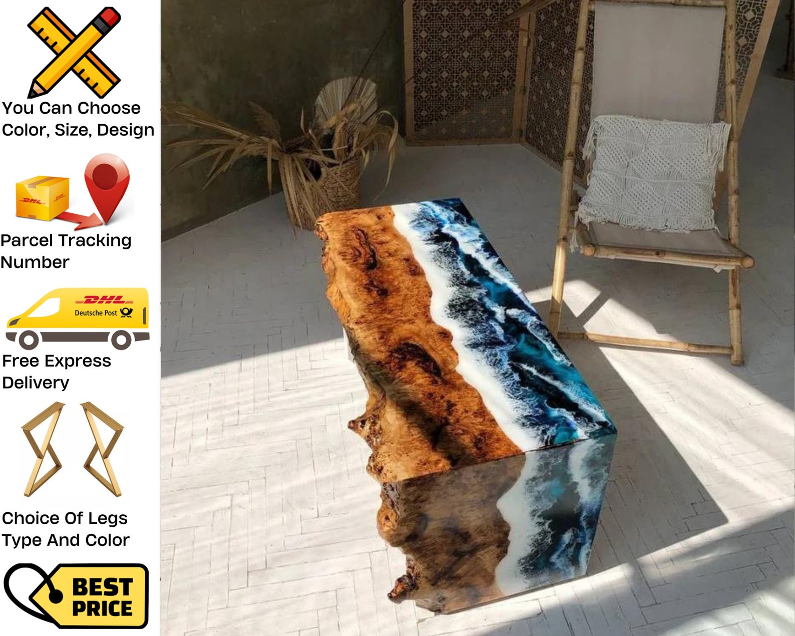 Wood Coffee Table Resin Coffee Table Ocean Waves Live Edge Etsy