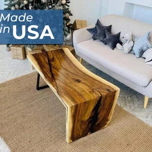 Solid Wood Slab Table, Rustic Live Edge Sofa Table, Epoxy Walnut Farmhouse Table, Modern Living Room Table, Waterfall Coffee Table
