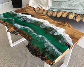 Üppig grüner Couchtisch mit Strandmotiv, handgefertigtes, vom Strand inspiriertes Harzdesign, einzigartiger Mittelpunkt im Wohnzimmer, ideales Jubiläumsgeschenk