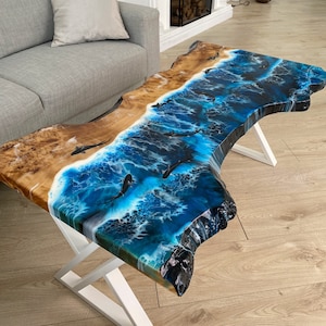 Custom Wood Slab Sofa Table, Blue Ocean Epoxy Resin Coffee Table, Accent Living Room Table, Live Edge Koi Fish Table, Low Coffee Table