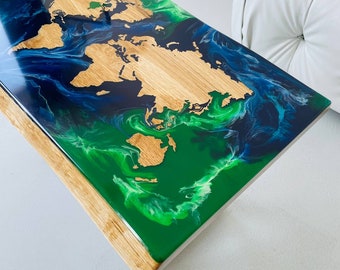 Carte en bois, table en résine époxy, table à manger époxy Ocean Wave, table de cuisine en résine époxy, table époxy carte du monde