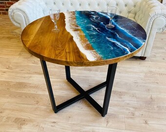 Unique Round Circle Kitchen Table, Large Epoxy Resin Ocean Art Deco Table, Accent Dining Table, Wood Circular Dine Table