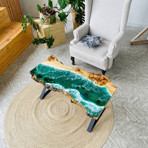 Resin Epoxy Table, Ocean Wave Epoxy Table, Custom Dining Table, Table Ocean Design, 3D Fish, Live Edge Wooden Table, Beach House Decor