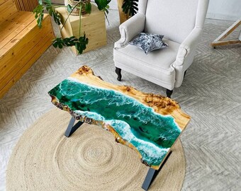 Resin Epoxy Table, Ocean Wave Epoxy Table, Custom Dining Table, Table Ocean Design, 3D Fish, Live Edge Wooden Table, Personalized Furniture