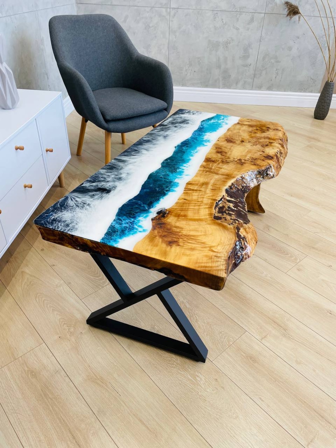 Custom Epoxy Ocean Table, Resin Waterfall Coffee Table, Live Edge Wood ...