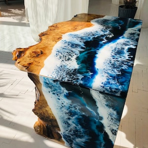 Natural Wood and Epoxy River Table with Waterfall Effect, Artistic Resin Table, Waterfall Epoxy Coffee Table, Resin Live Edge Coastal Slab