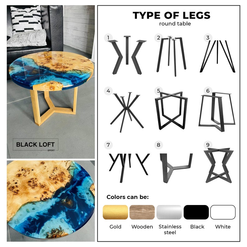 a table with different types of legs and colors