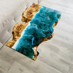 Modern Wooden Coffee Table, Unique Accent Living Room Furniture, Epoxy Resin Aquarium Table, Ocean Art Deco Live Edge Table, Slab Table Top