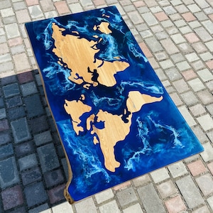 Epoxy-Tisch mit Weltkarte, Epoxy-Harz-Kaffeetisch, Harz-Weltkarte, Eiche-Epoxy-Kaffeetisch, Wohnzimmer-Mitteltisch, Esstisch
