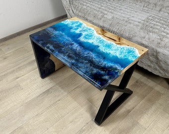 Prachtige riviertafel met waterval van epoxyhars - modern huisdecor, elegante salontafel voor de woonkamer, ideaal jubileumcadeau