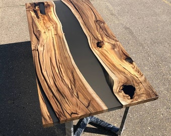 Black Epoxy Resin Wooden Dinning Table, Farm House Walnut Dining Room Table, Rustic Rectangle Breakfast Table, Modern Large River Table