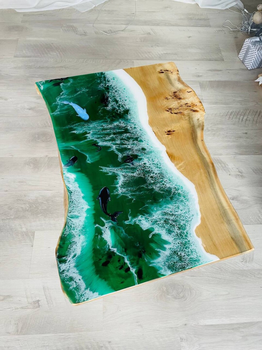 Custom Epoxy Resin Ocean Coffee Table, Live Edge Epoxy Coffee Table