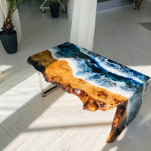 Ocean Wave Epoxy Table, Blue Resin Waterfall Coffee Table, Live Edge Wood Ocean Custom Epoxy River Table, Custom Beach Style Accent Table