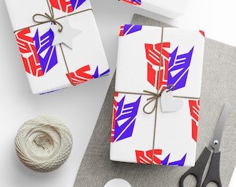 Fun Transformers Wrapping Paper, Decepticons, Autobots, White, Colorful Gift Wrap, Custom Gift Wrapping Paper, Birthday Wrapping