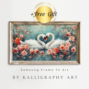 Frame TV Art, Swans Painting ,Valentines Day Decor, Digital Download A6 zdjęcie 1