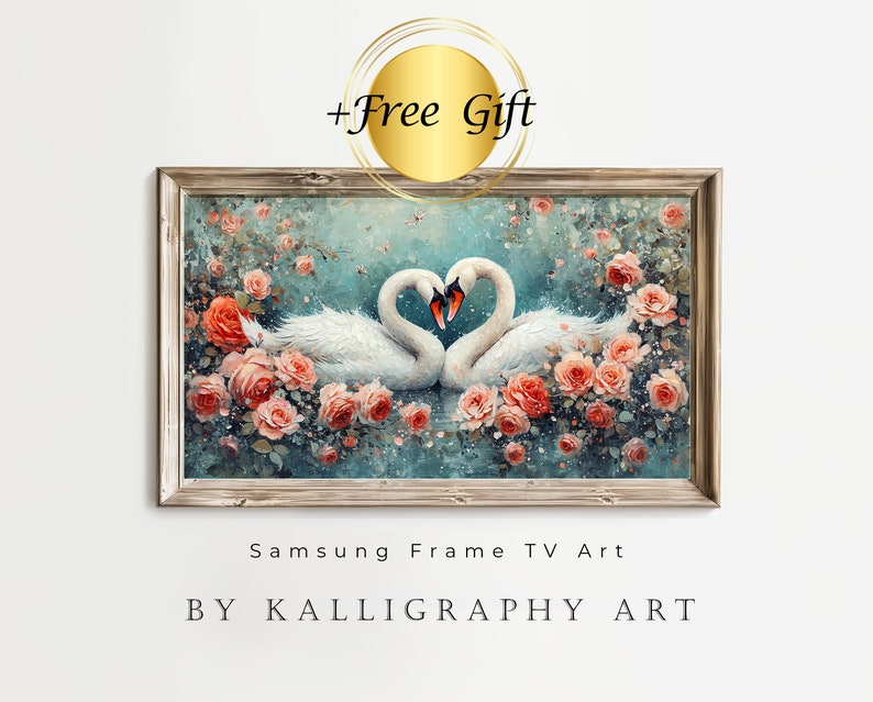 Frame TV Art, Swans Painting ,Valentines Day Decor, Digital Download A6 zdjęcie 1