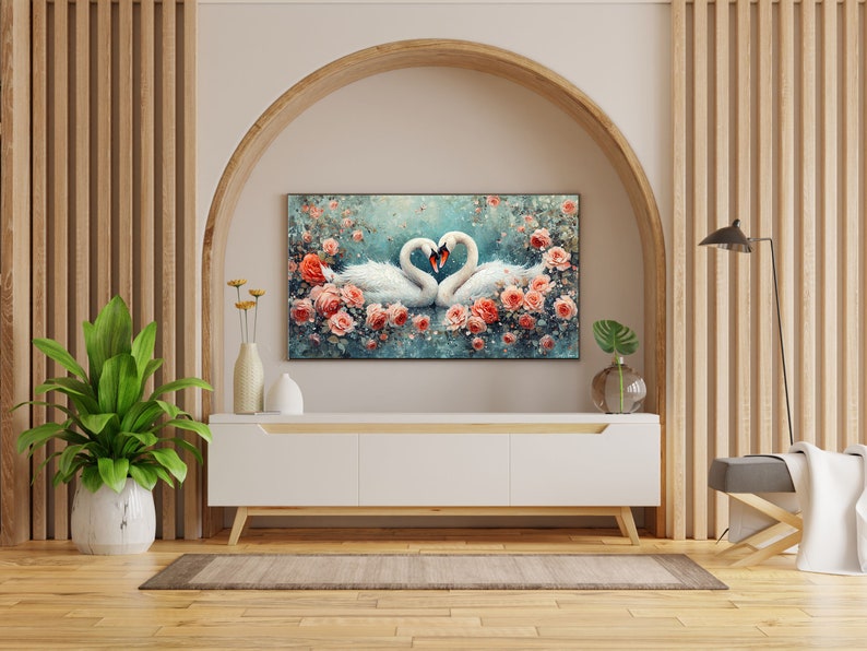 Frame TV Art, Swans Painting ,Valentines Day Decor, Digital Download A6 zdjęcie 2