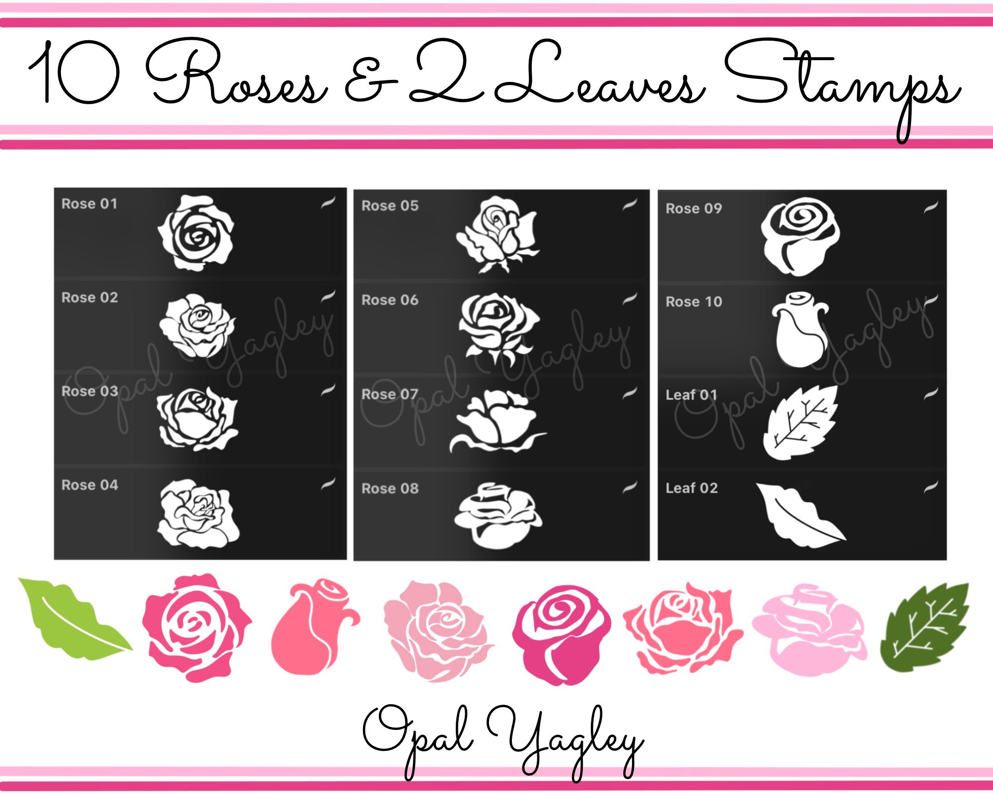 12 Roses Procreate Stamps / 10 Flowers and 2 Leaves Procreate Brushes ...