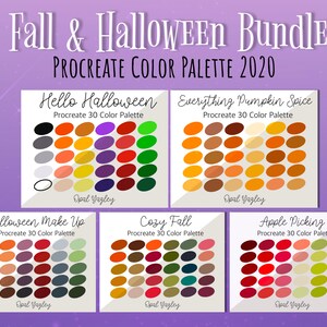 May include: A digital art bundle featuring five Procreate color palettes for fall and Halloween. Each palette, such as "Hello Halloween" and "Everything Pumpkin Spice," includes 30 colors. The palettes are displayed on a purple background with the text "Fall & Halloween Bundle PROCREATE COLOR PALETTE 2020."