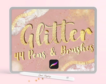 Könnte beinhalten: Eine digitale Illustration eines Tablet-Bildschirms mit rosa und goldenem Hintergrund. Der Text "Glitter 444 Pens & Brushes" wird in goldenen Glitzerbuchstaben angezeigt. Das Procreate-App-Symbol ist in der unteren rechten Ecke des Bildschirms sichtbar.