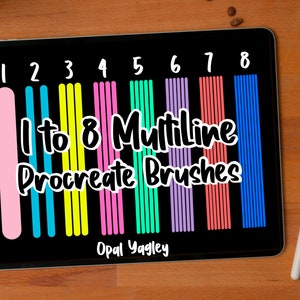 May include: A digital illustration of eight multiline Procreate brushes, numbered 1 through 8. Each brush is a different color, including pink, blue, yellow, green, purple, red, and blue. The text "I to 8 Multiline Procreate Brushes" is displayed below the brushes, and the artist's name, "Opal Yagley", is displayed below the text.