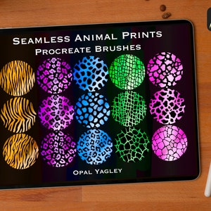 May include: A digital illustration of 12 seamless animal print patterns for Procreate brushes. The patterns include zebra, leopard, cheetah, giraffe, snake, and crocodile. The patterns are in a variety of colours, including pink, blue, green, and orange. The text "Seamless Animal Prints" and "Procreate Brushes" is at the top of the image. The text "Opal Yagley" is at the bottom of the image.