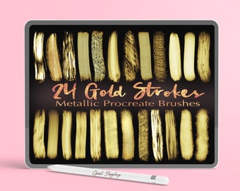 May include: A digital tablet screen displaying 24 gold brush strokes, labeled "24 Gold Strokes Metallic Procreate Brushes". A white stylus is lying on a pink surface.