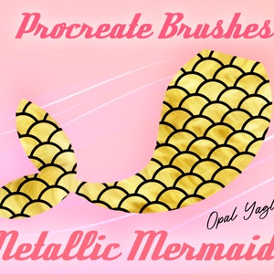 May include: Procreate Brushes: Metallic Mermaids by Opal Yagley. A digital illustration of a gold mermaid tail with black scales on a pink background.