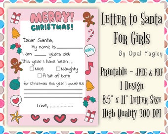 Brief an Santa druckbare für Mädchen / rosa Xmas Brief Vorlage - liebe Santa Weihnachtsbriefe an Santa / Brief Größe, Instant Download