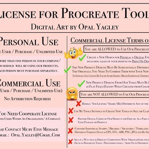 May include: A digital art license for Procreate tools by Opal Yagley. The image details personal and commercial use terms, including what is and isn't allowed. Text is displayed on a light pink background with green checkmarks and red X marks.