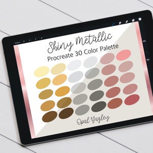 May include: A digital illustration of a Procreate color palette with 30 metallic colors. The colors are arranged in three rows of ten, with each color represented by a circle. The colors range from light gold to dark brown, with shades of gray and pink in between. The text "Shiny Metallic Procreate 30 Color Palette" is at the top of the image, and the text "Opal Yagley" is at the bottom.