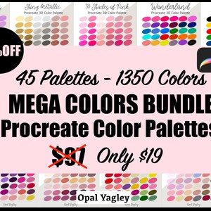 May include: A digital art graphic featuring a Mega Colors Bundle of Procreate color palettes. The image displays 45 palettes with 1350 colors, with text indicating an 80% discount. The color palettes are arranged in a grid, showcasing various color schemes.