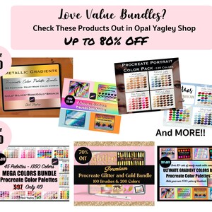 K&ouml;nnte beinhalten: Eine Collage von digitalen Kunstprodukt-Paketen f&uuml;r Procreate, mit Farbpaletten, Pinseln und Verl&auml;ufen. Die Pakete werden mit einem Rabatt von bis zu 80 % angeboten. Der Text "Love Value Bundles?" und "Check These Products Out in Opal Yagley Shop" wird oben im Bild angezeigt.
