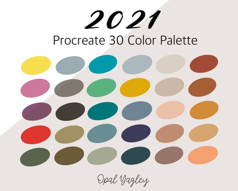 K&ouml;nnte beinhalten: Eine digitale Farbpalette mit 30 verschiedenen Farben in einem Rastermuster. Die Farben sind eine Mischung aus warmen und kalten T&ouml;nen, darunter Gelb, Blau, Gr&uuml;n, Braun und Rot. Der Text "2021 Procreate 30 Color Palette" befindet sich oben im Bild, und der Text "Opal Yagley" befindet sich unten.