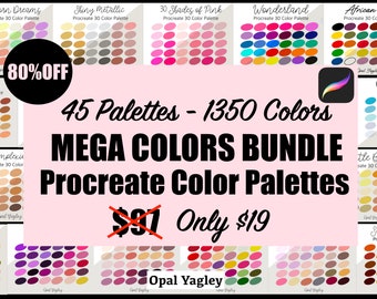 May include: A digital illustration of 45 colour palettes for Procreate, a digital art app. The palettes are arranged in rows and columns, and each palette contains 30 colours. The text "45 Palettes - 1350 Colours" and "MEGA COLORS BUNDLE" is displayed in large, bold font. The text "Procreate Colour Palettes" is displayed in a smaller, bold font. The text "£91 Only £19" is displayed with a strikethrough over the £91 and a red circle around the £19. The text "Opal Yagley" is displayed in a smaller font.