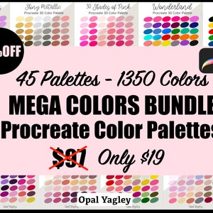 K&ouml;nnte beinhalten: Eine digitale Illustration von 45 Farbpaletten f&uuml;r Procreate, eine digitale Kunst-App. Die Paletten sind in Reihen und Spalten angeordnet, und jede Palette enth&auml;lt 30 Farben. Der Text "45 Paletten - 1350 Farben" und "MEGA COLORS BUNDLE" wird in gro&szlig;er, fetter Schrift angezeigt. Der Text "Procreate Farbpaletten" wird in kleinerer, fetter Schrift angezeigt. Der Text "91 &euro; Nur 19 &euro;" wird mit einem durchgestrichenen 91 &euro; und einem roten Kreis um die 19 &euro; angezeigt. Der Text "Opal Yagley" wird in kleinerer Schrift angezeigt.