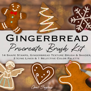 May include: Gingerbread Procreate Brush Kit with 14 shape stamps, a gingerbread texture brush and shader, 2 icing lines and 1 selective color palette.