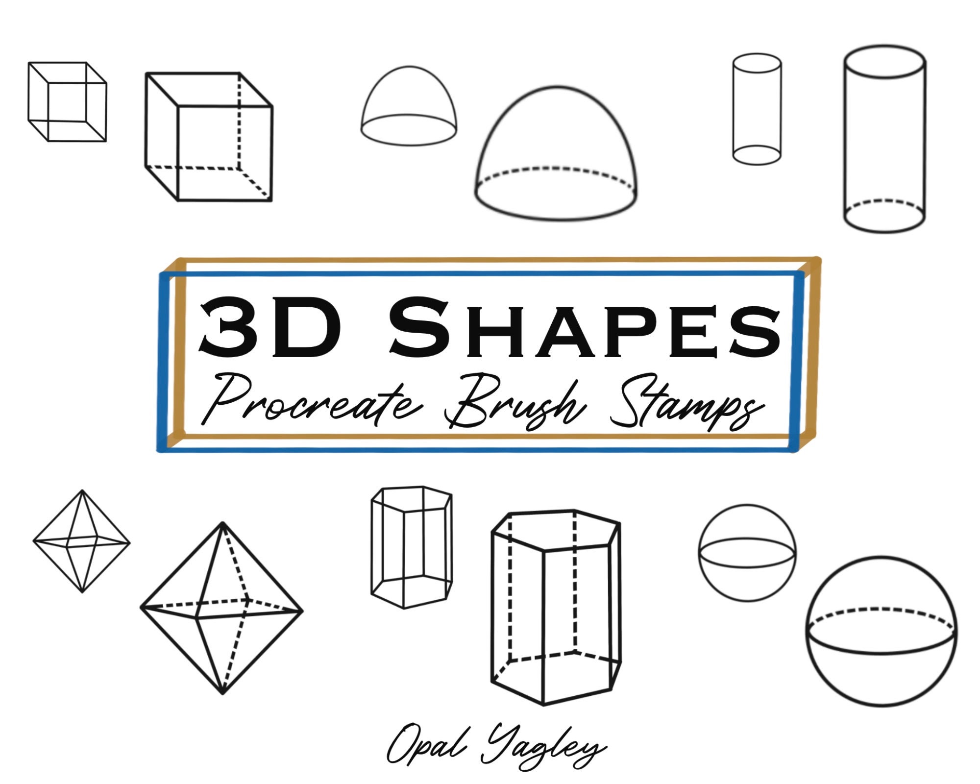 Sellos de pincel de formas geométricas 3D para Procreate – 28 sellos (14 sólidos + 14 discontinuos) – Descarga instantánea