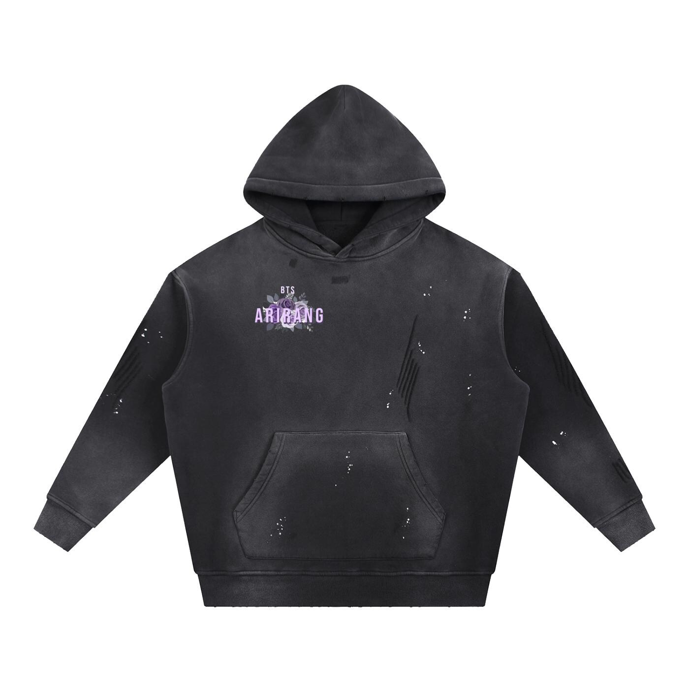 BTS ARIRANG Vintage Washed Frayed Fleece Hoodie+ Free Keychain and 